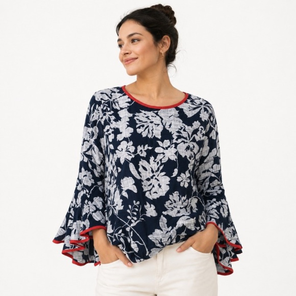 Coco Bianco Floral Bell Sleeve Top Women's Red Trim Blouse Medium Ruffle